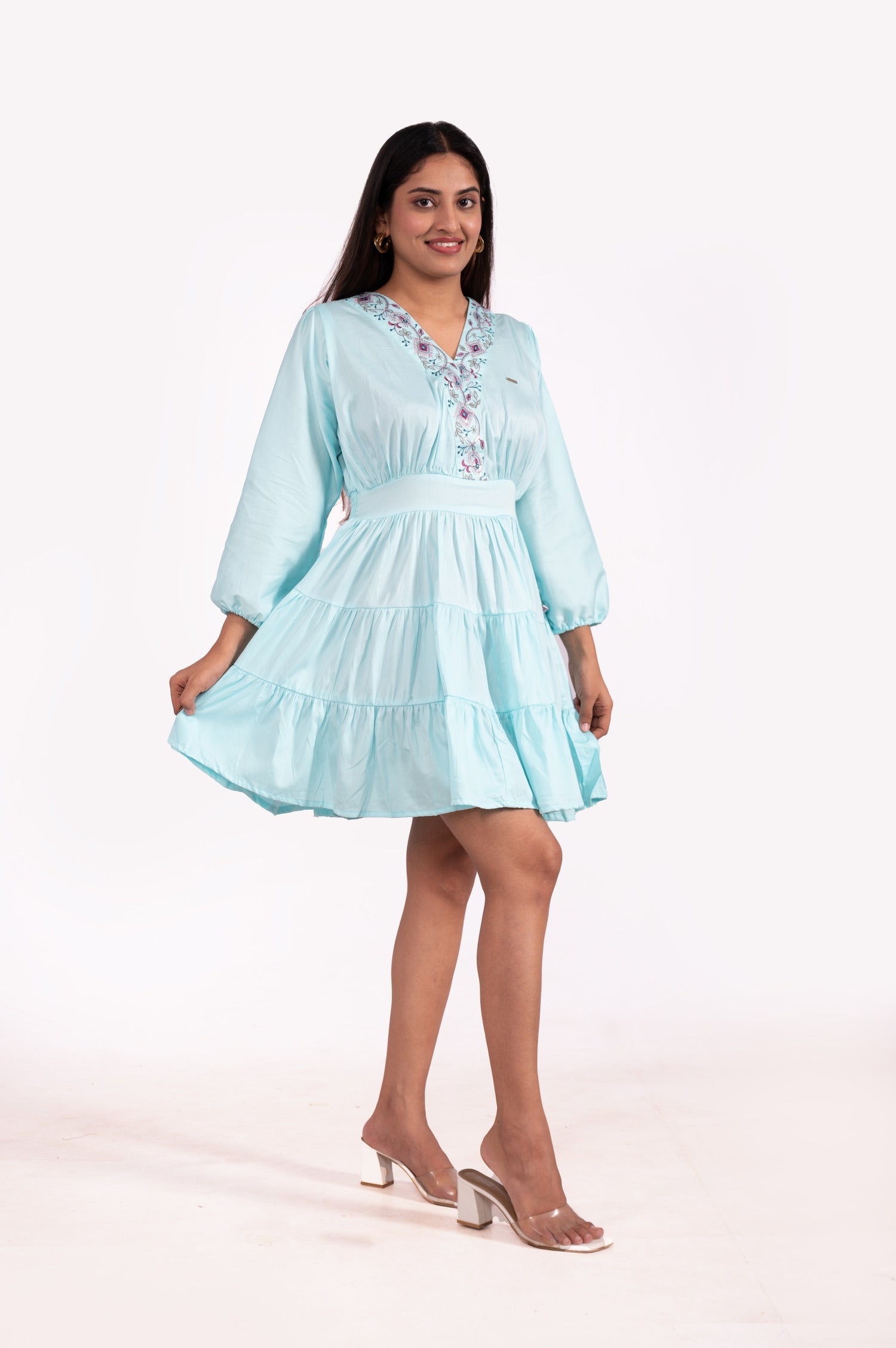 GAZI SILK V NECK EMBROIDERED TUNICS - SEA GREEN