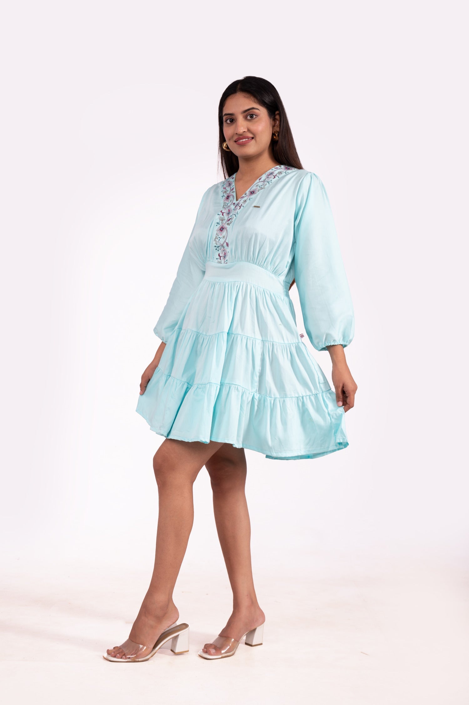 GAZI SILK V NECK EMBROIDERED TUNICS - SEA GREEN