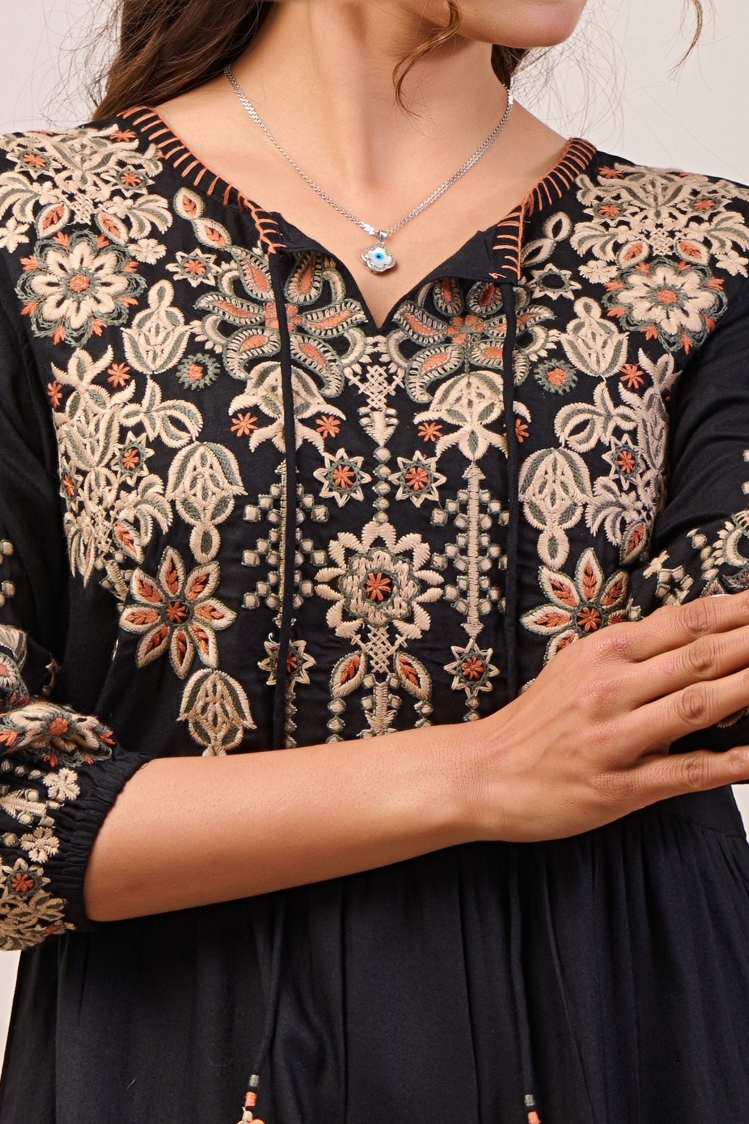 Embroidered Grace Black Tunic with Stunning Neckline Detail