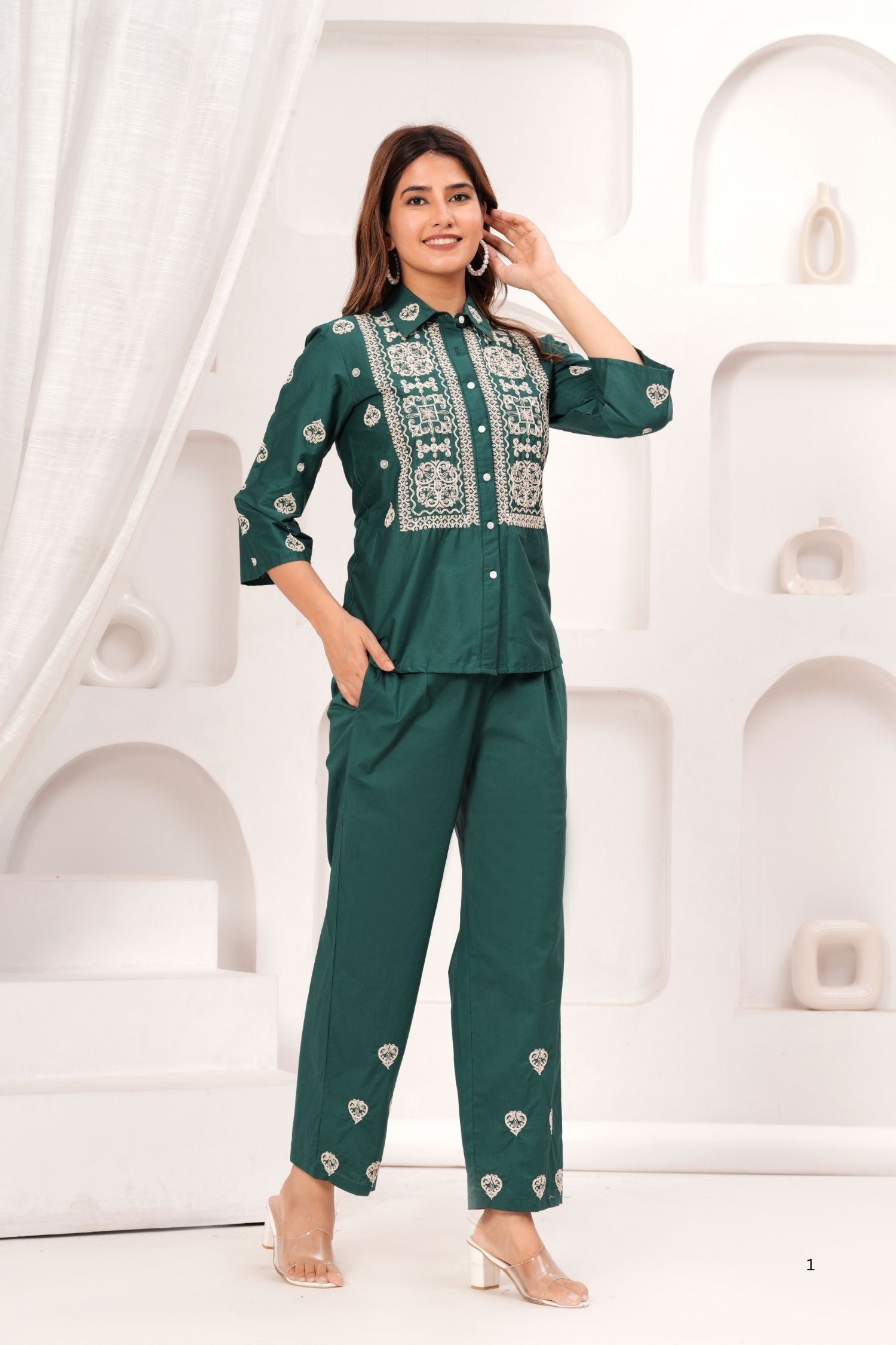 Elegant Green Co-ord Set with Beautiful Embroidery on Top & Pants