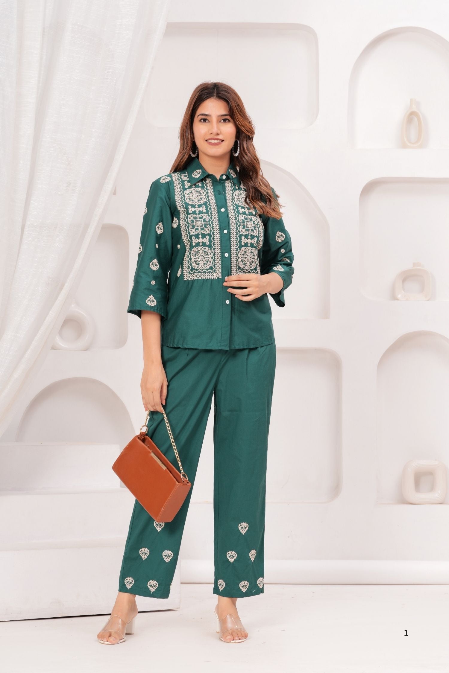 Elegant Green Co-ord Set with Beautiful Embroidery on Top & Pants