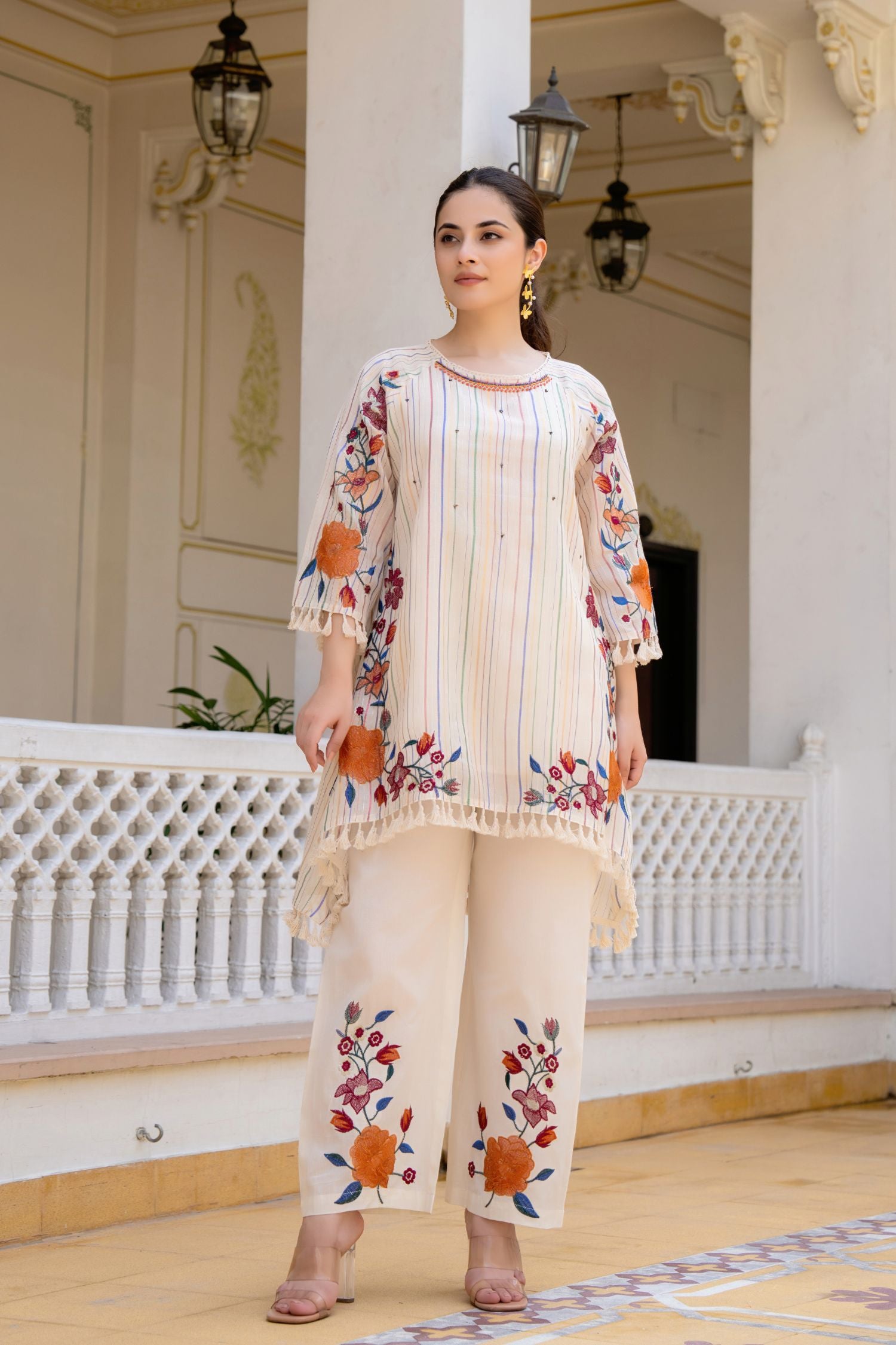 Cream Blossom Embroidered Cord Set