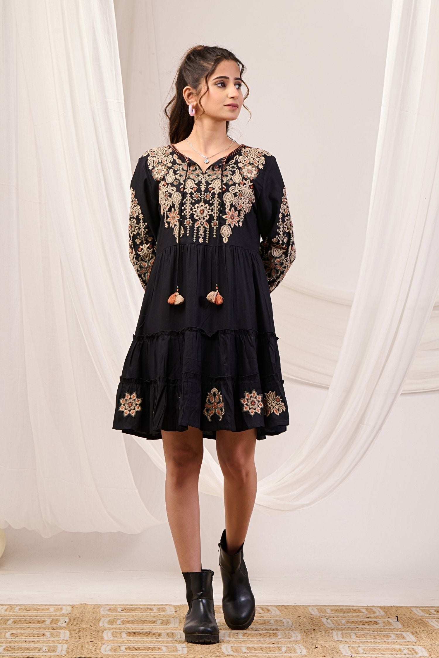 Embroidered Grace Black Tunic with Stunning Neckline Detail