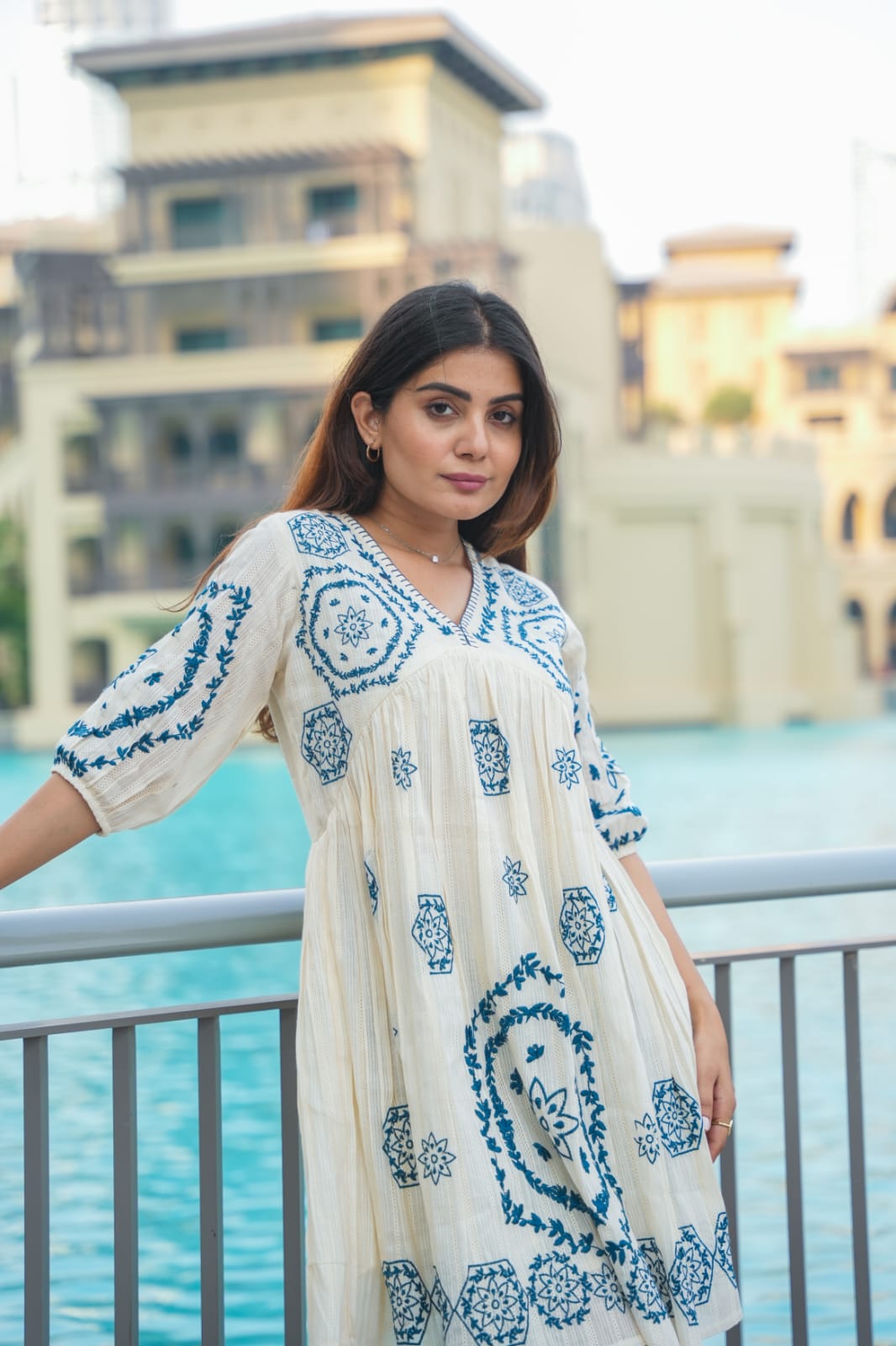 SNOW BLUE: BLUE EMBROIDERED SHORT TUNIC DRESS