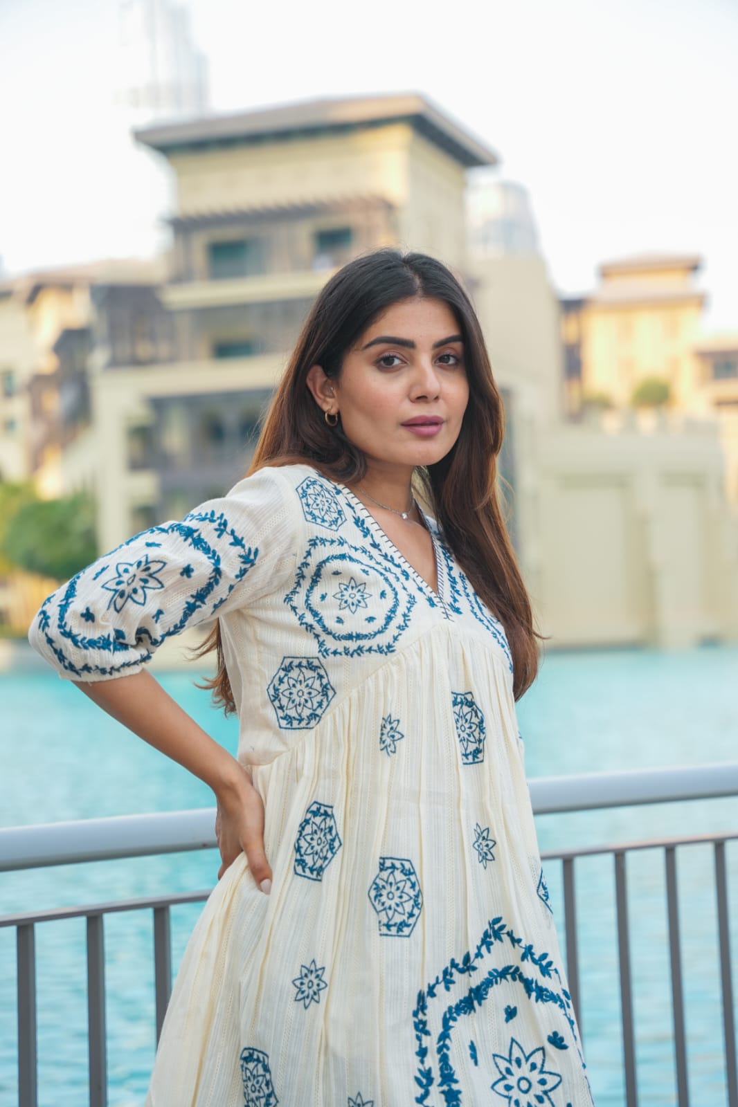 SNOW BLUE: BLUE EMBROIDERED SHORT TUNIC DRESS