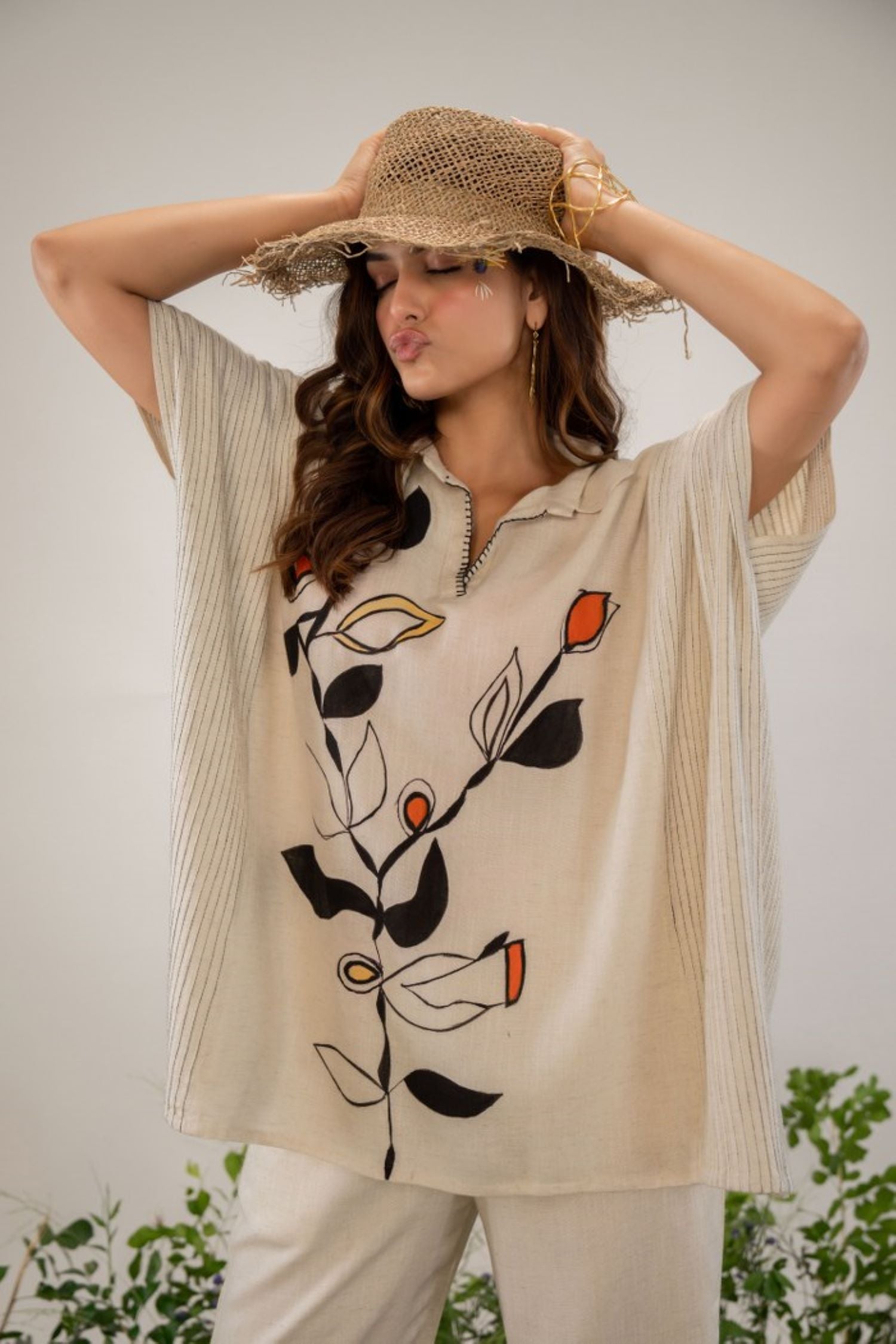 Cream Color Cord Set for Women - Trendy V-Neck Two-Piece Set with Minimalist Design