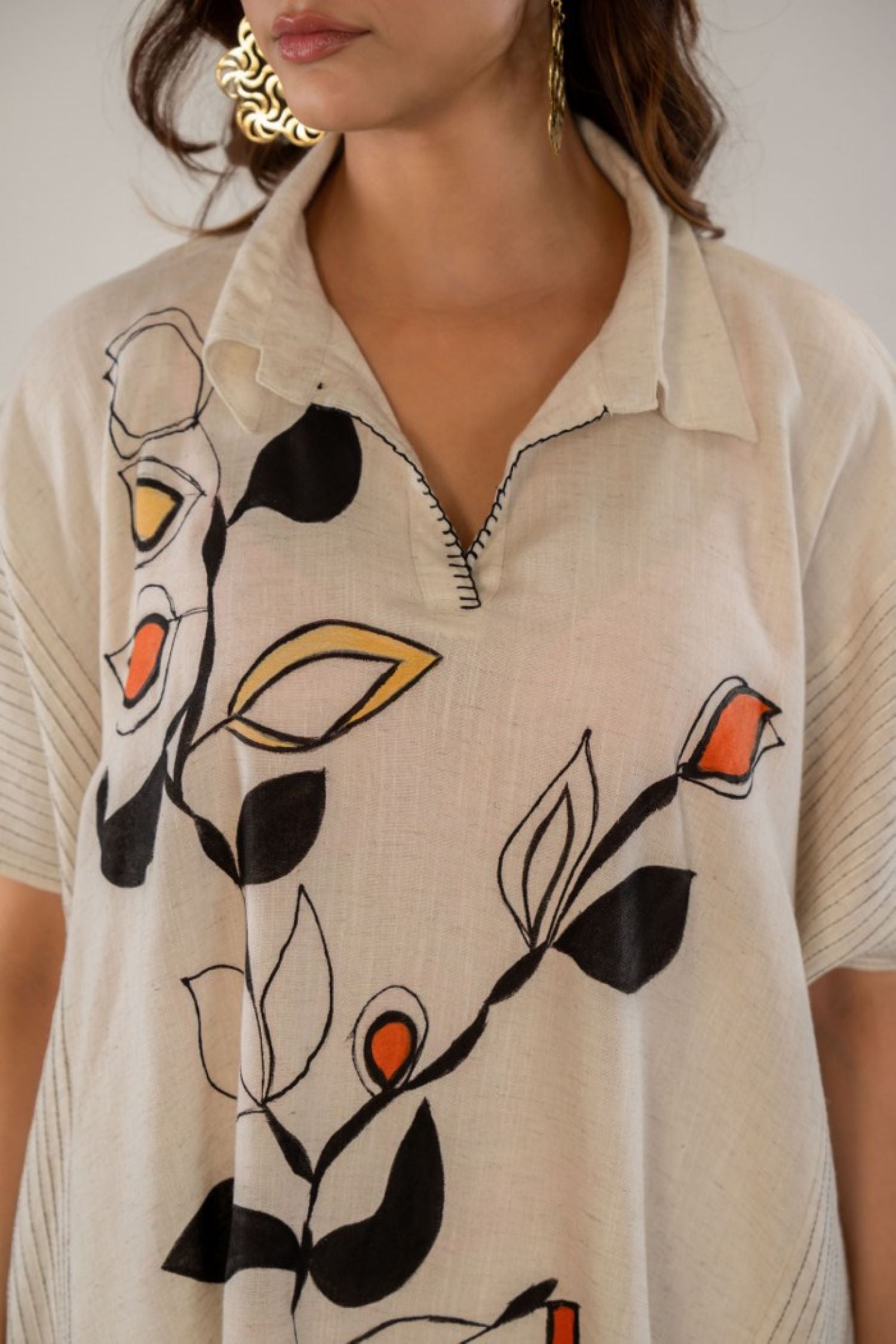 Cream Color Cord Set for Women - Trendy V-Neck Two-Piece Set with Minimalist Design