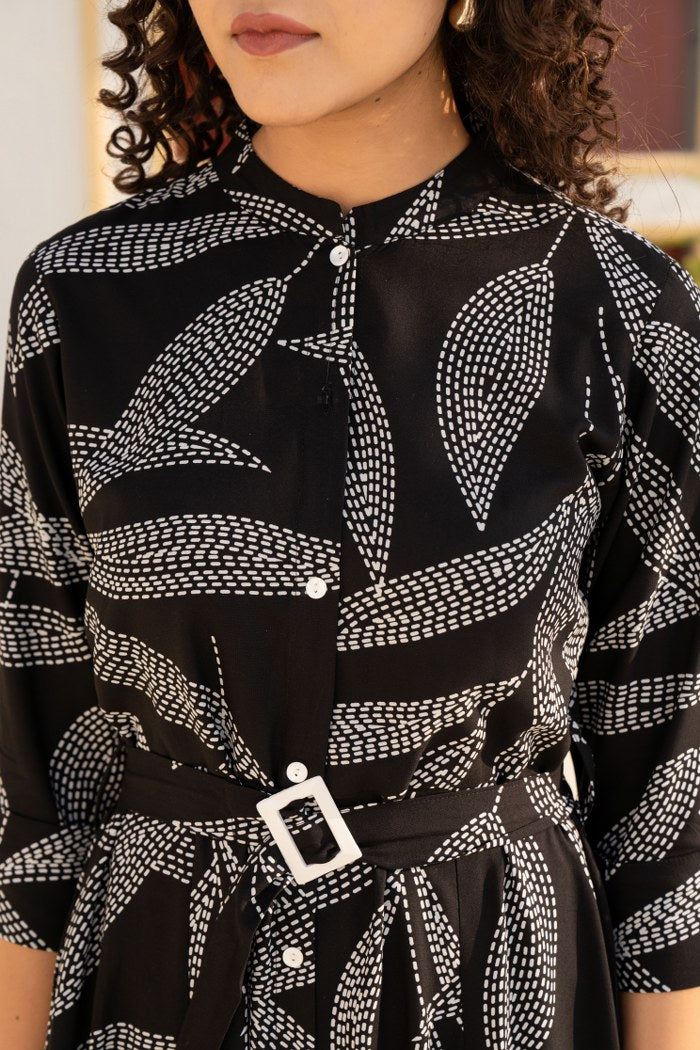 Black Bloom Belted Beauty With Leafy Print