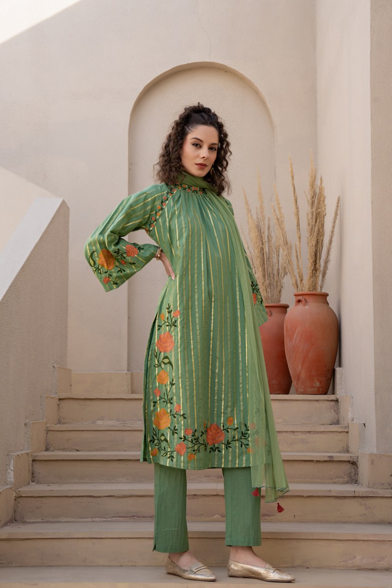 Three-Piece Suit with Intricate Floral Embroidery In Pista Green Color