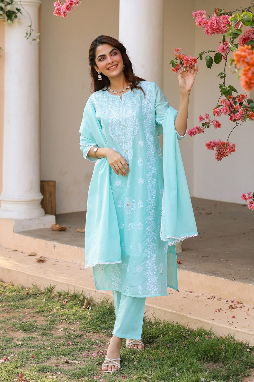 Freyaa Aqua Blue Embroidered Straight Kurta Trouser with Dupatta Set
