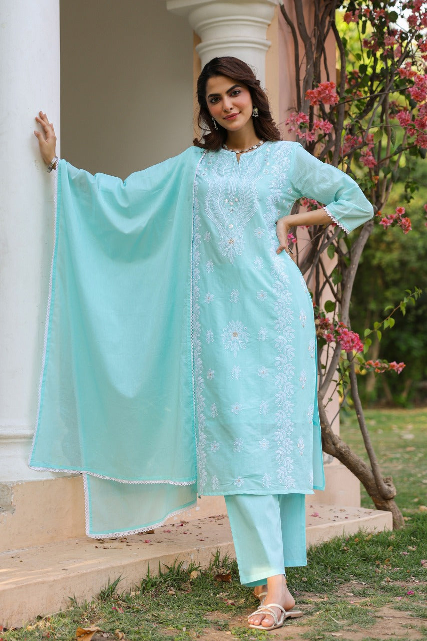 Freyaa Aqua Blue Embroidered Straight Kurta Trouser with Dupatta Set