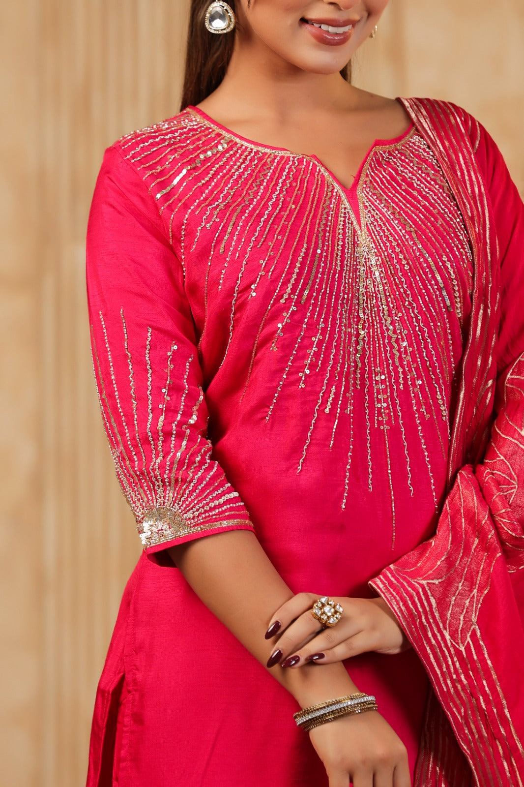 Rani Pink Embroidered Three Piece Suit with Dupatta