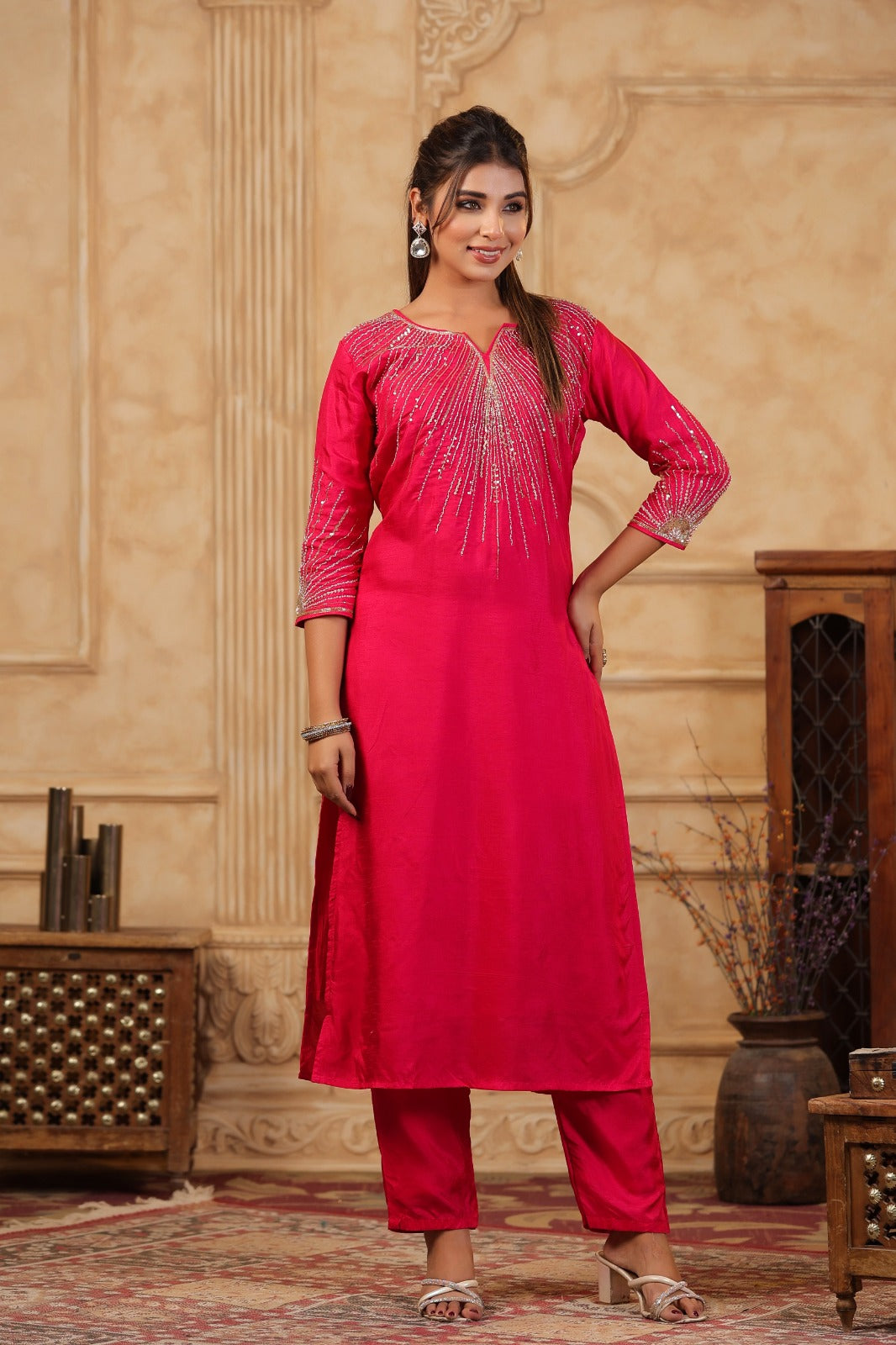 Rani Pink Embroidered Three Piece Suit with Dupatta