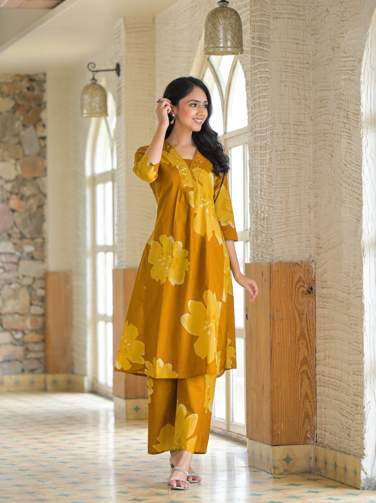 Yellow Minimal Print Cotton Co-ord Set