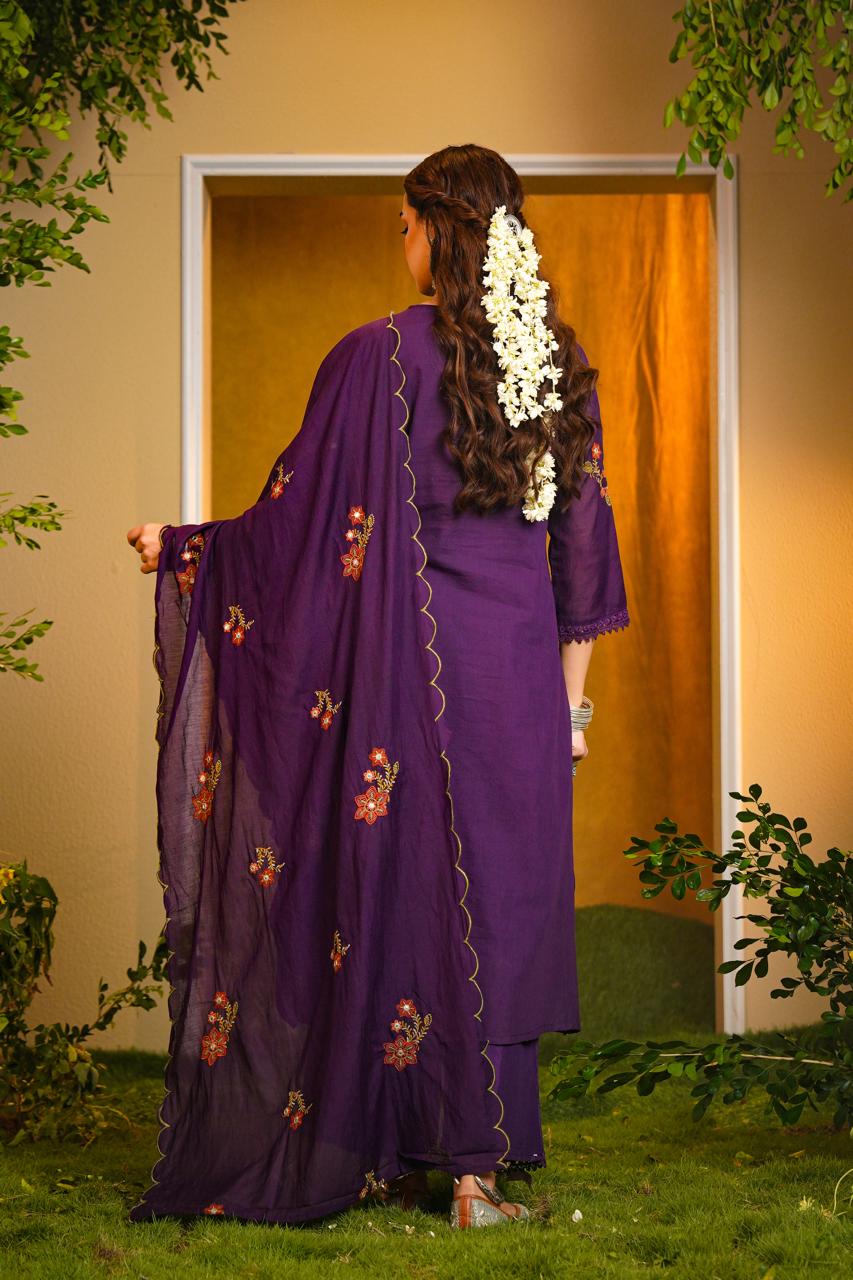 Purple Embroidered Kurta Three-Piece Set with Dupatta