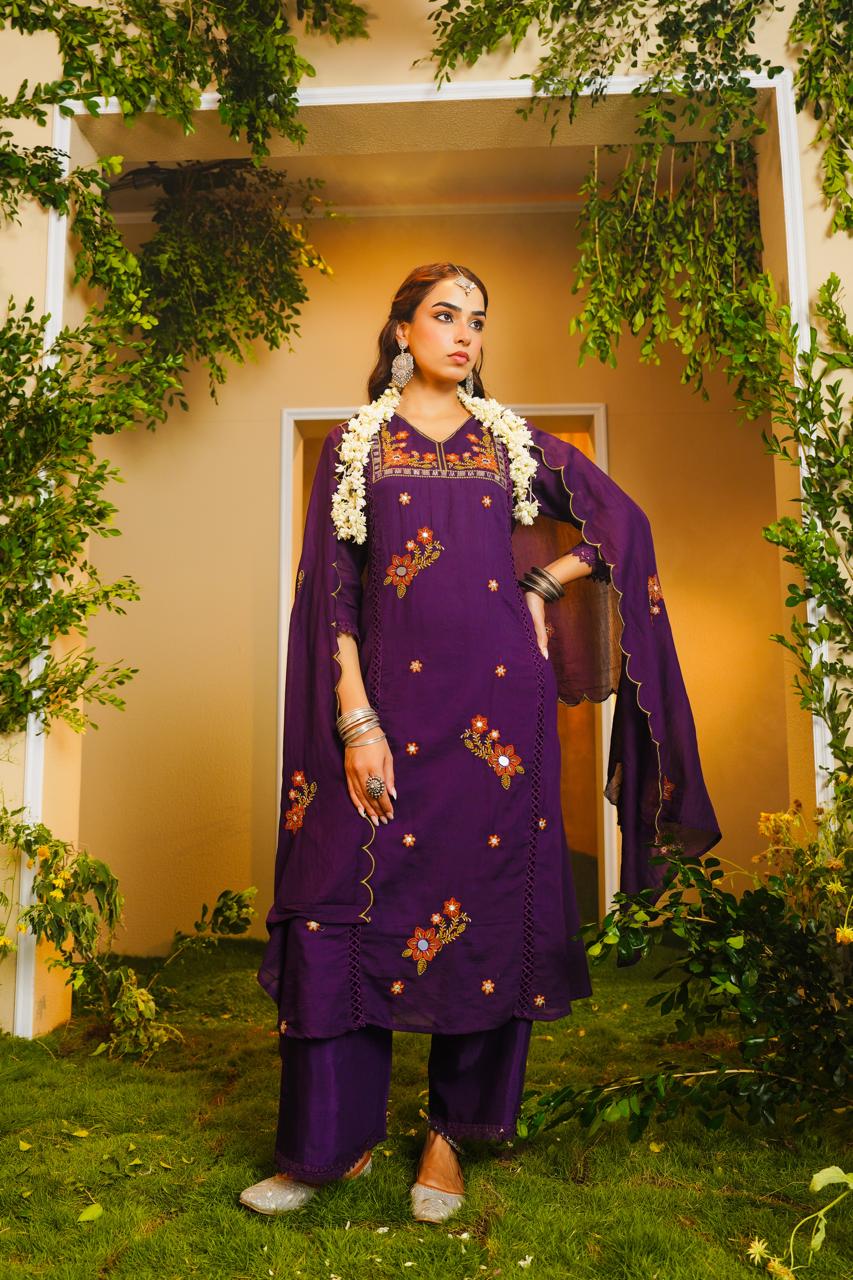Purple Embroidered Kurta Three-Piece Set with Dupatta