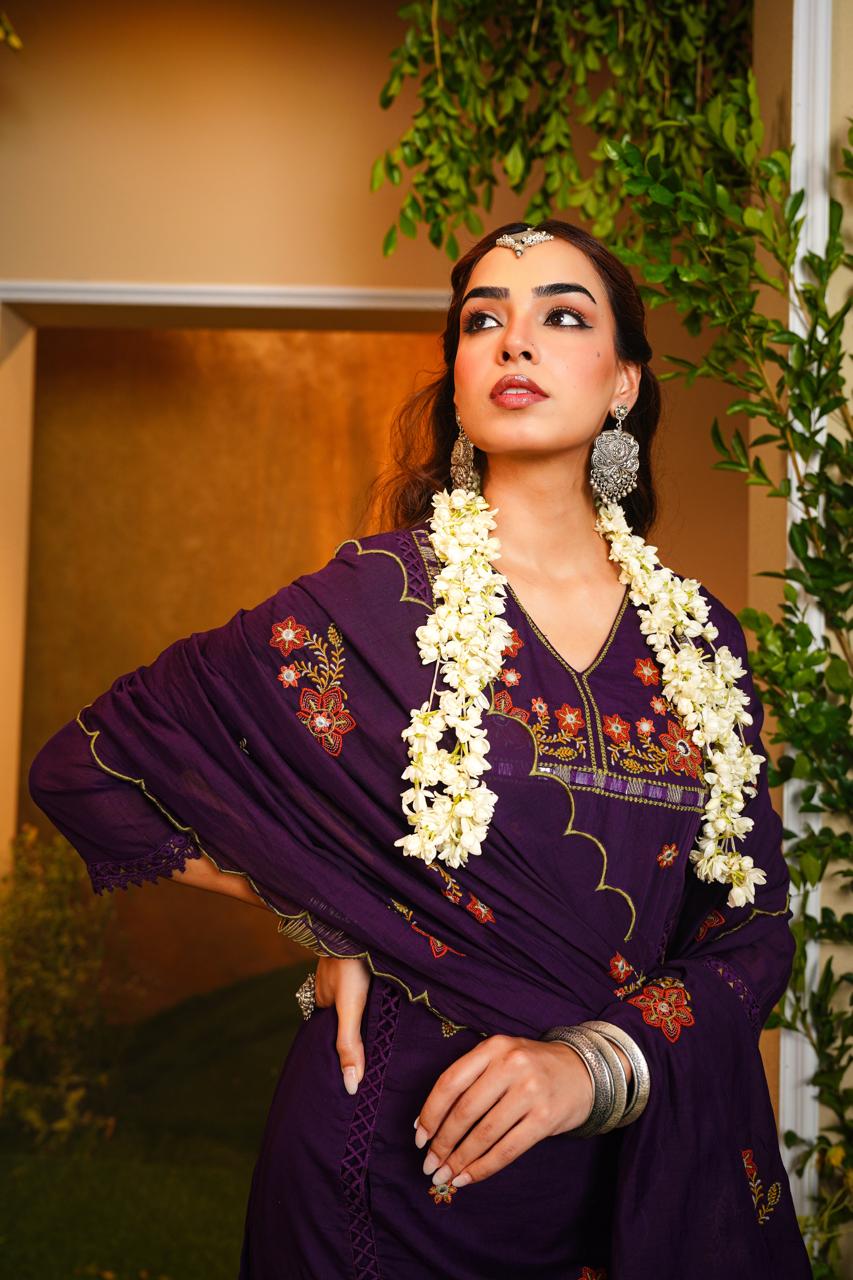 Purple Embroidered Kurta Three-Piece Set with Dupatta