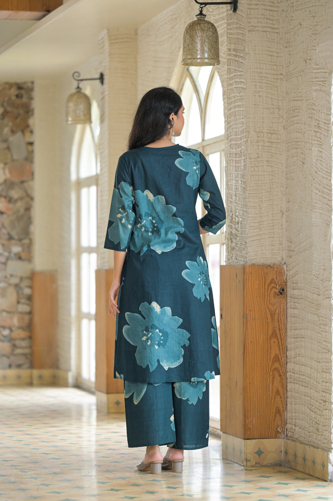 Blue Cotton Co-ord Set with Subtle Printed