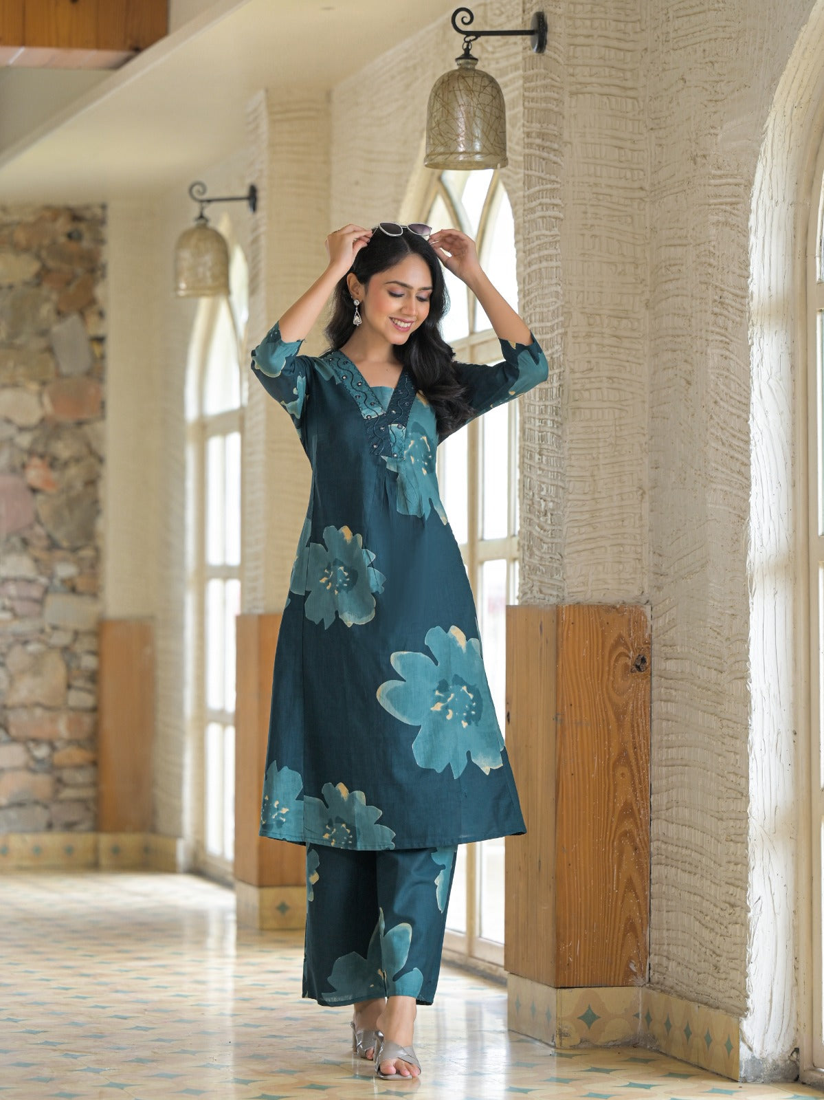 Blue Cotton Co-ord Set with Subtle Printed