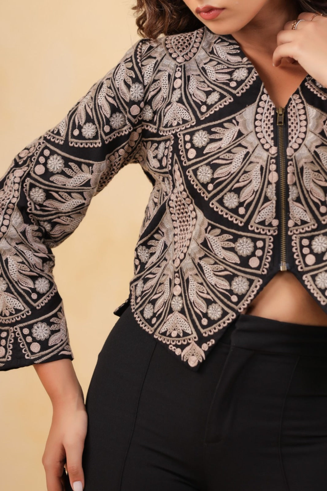 Chic Black Jacket with Threadwork Detailing