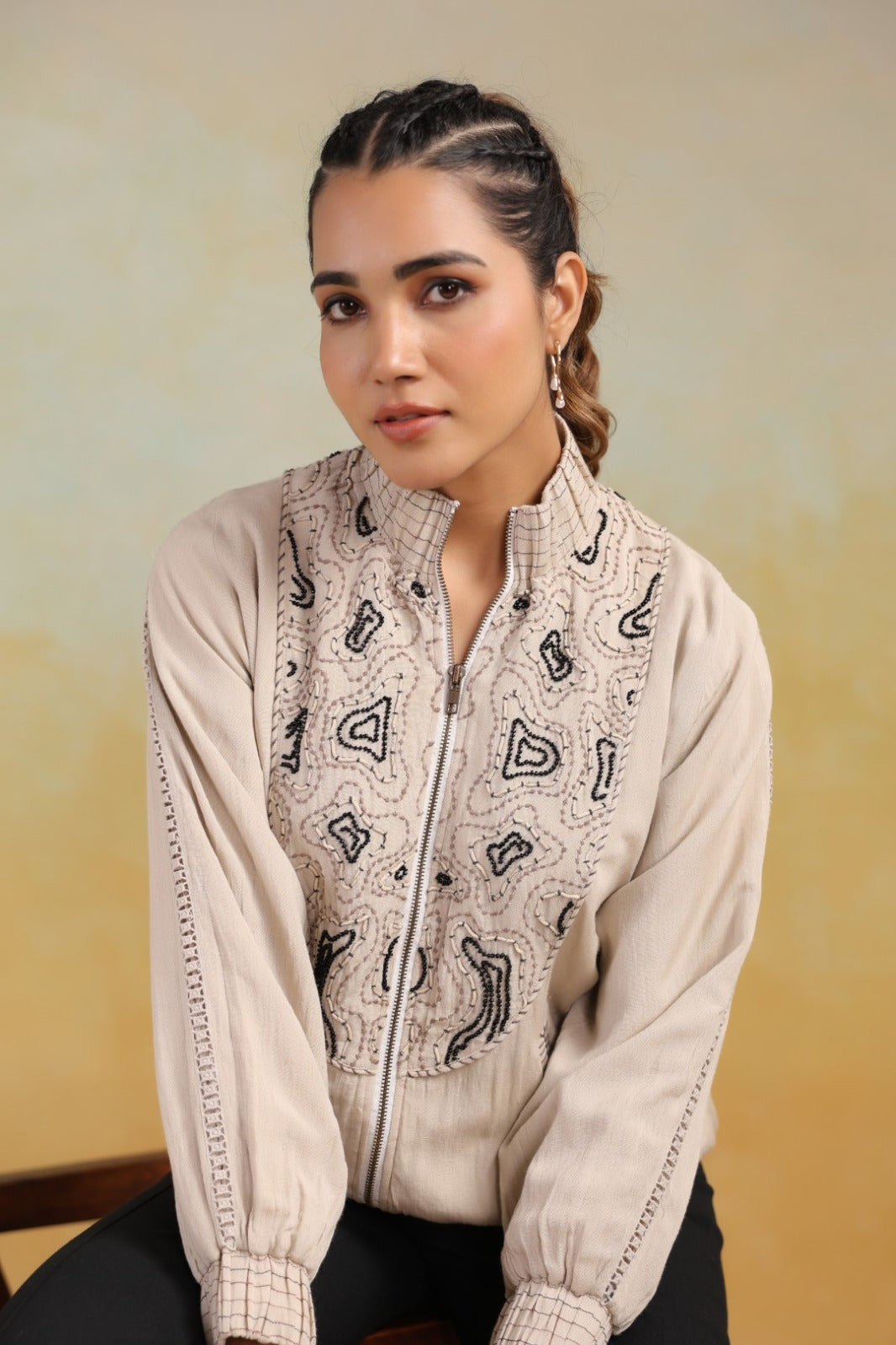 Cream Thread Embroidered Jacket