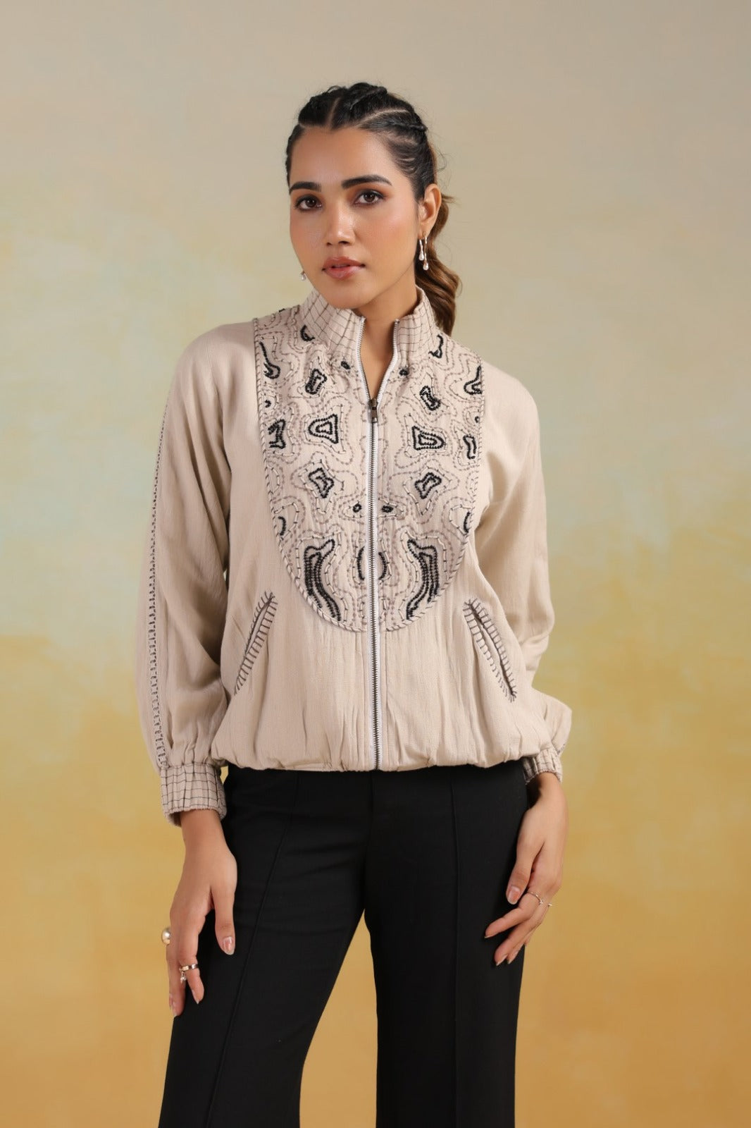 Cream Thread Embroidered Jacket