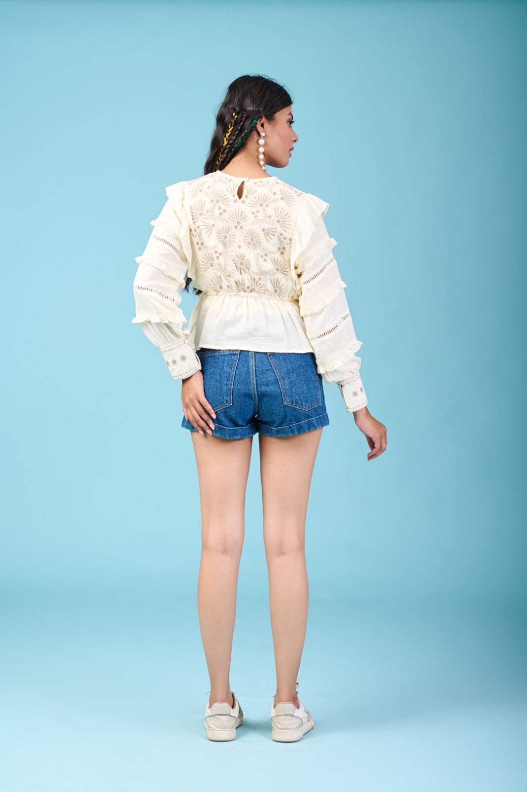 Cream Thread Embroidered Puff Sleeve Top