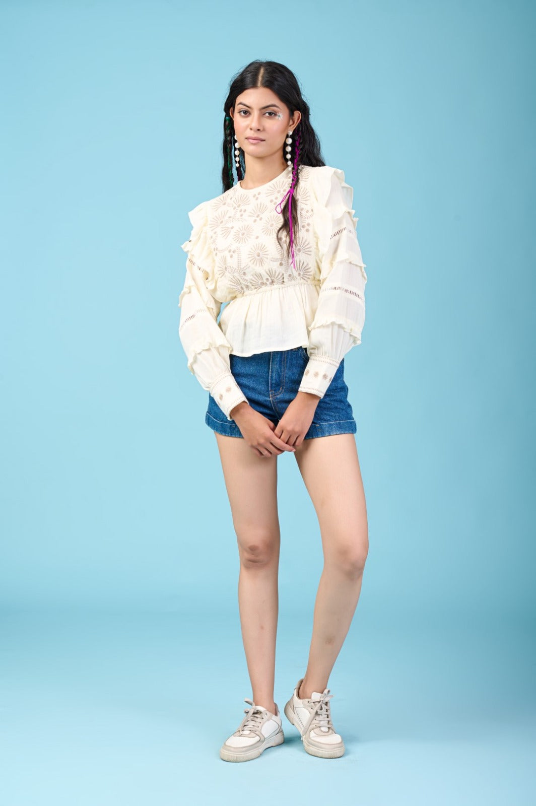 Cream Thread Embroidered Puff Sleeve Top