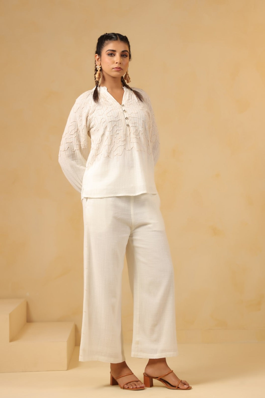 Off-White Cotton Co-ord Set with Thread Work