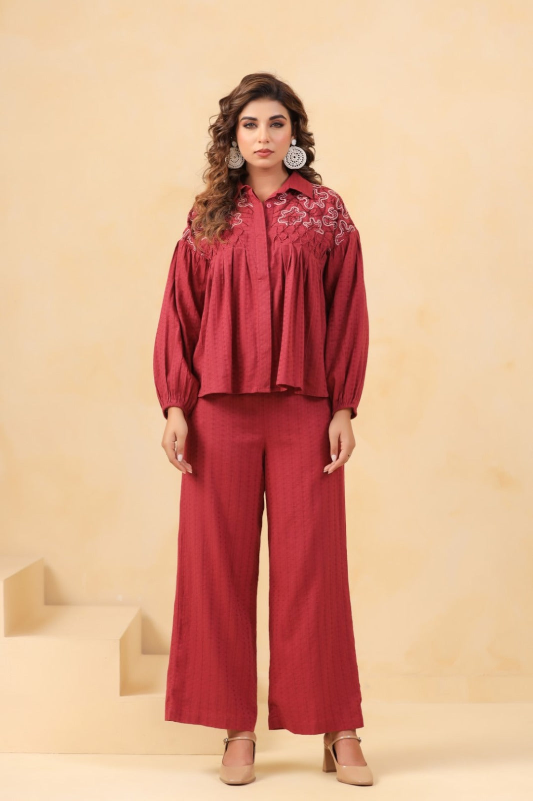 Red Co-ord Set with Thread Embroidered