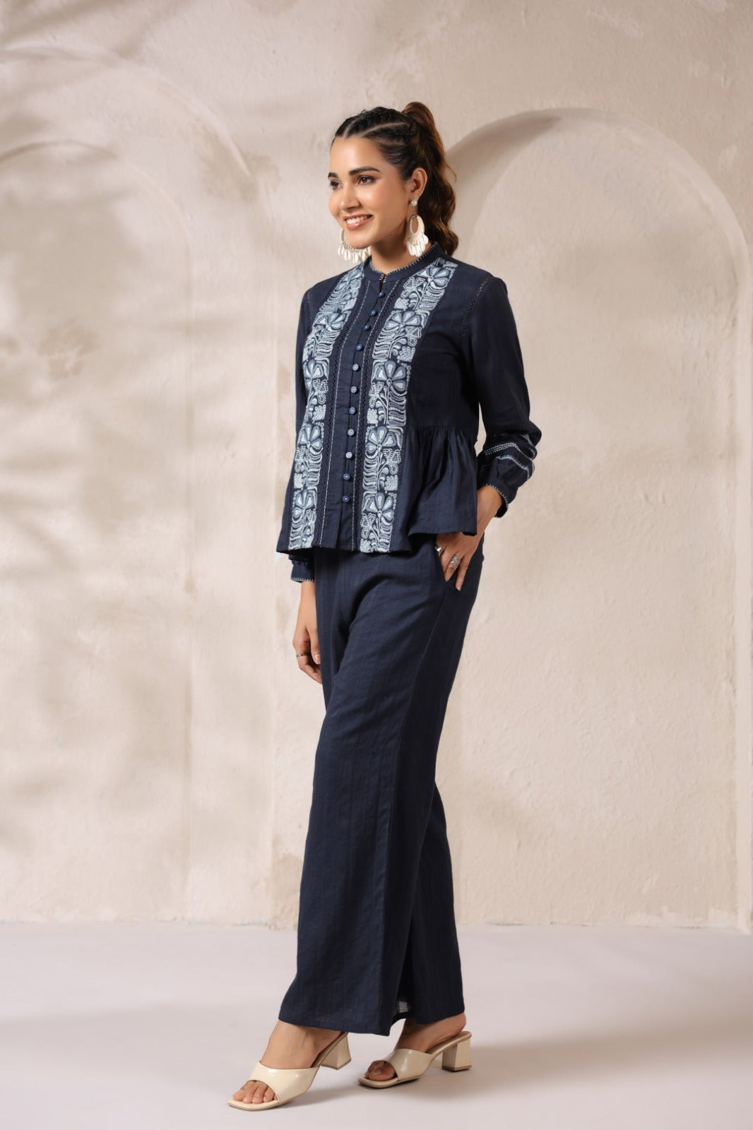 Blue Cotton Co-ord Set with White Thread Work