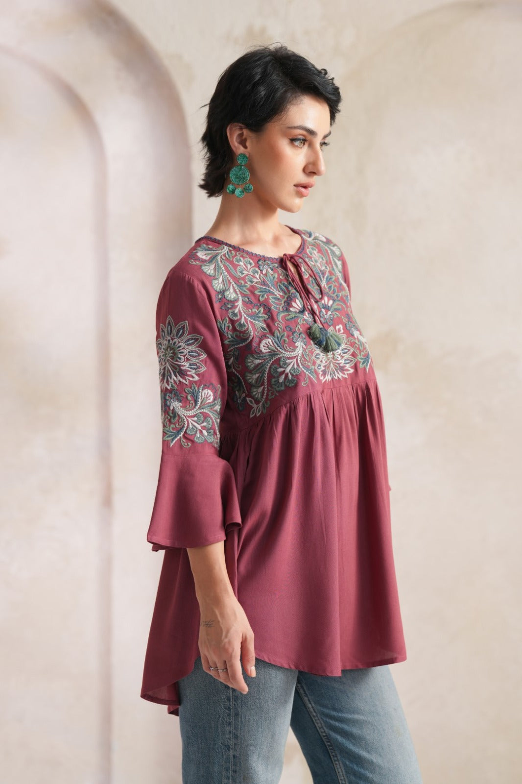 Chic Maroon Embroidered Fashion Top