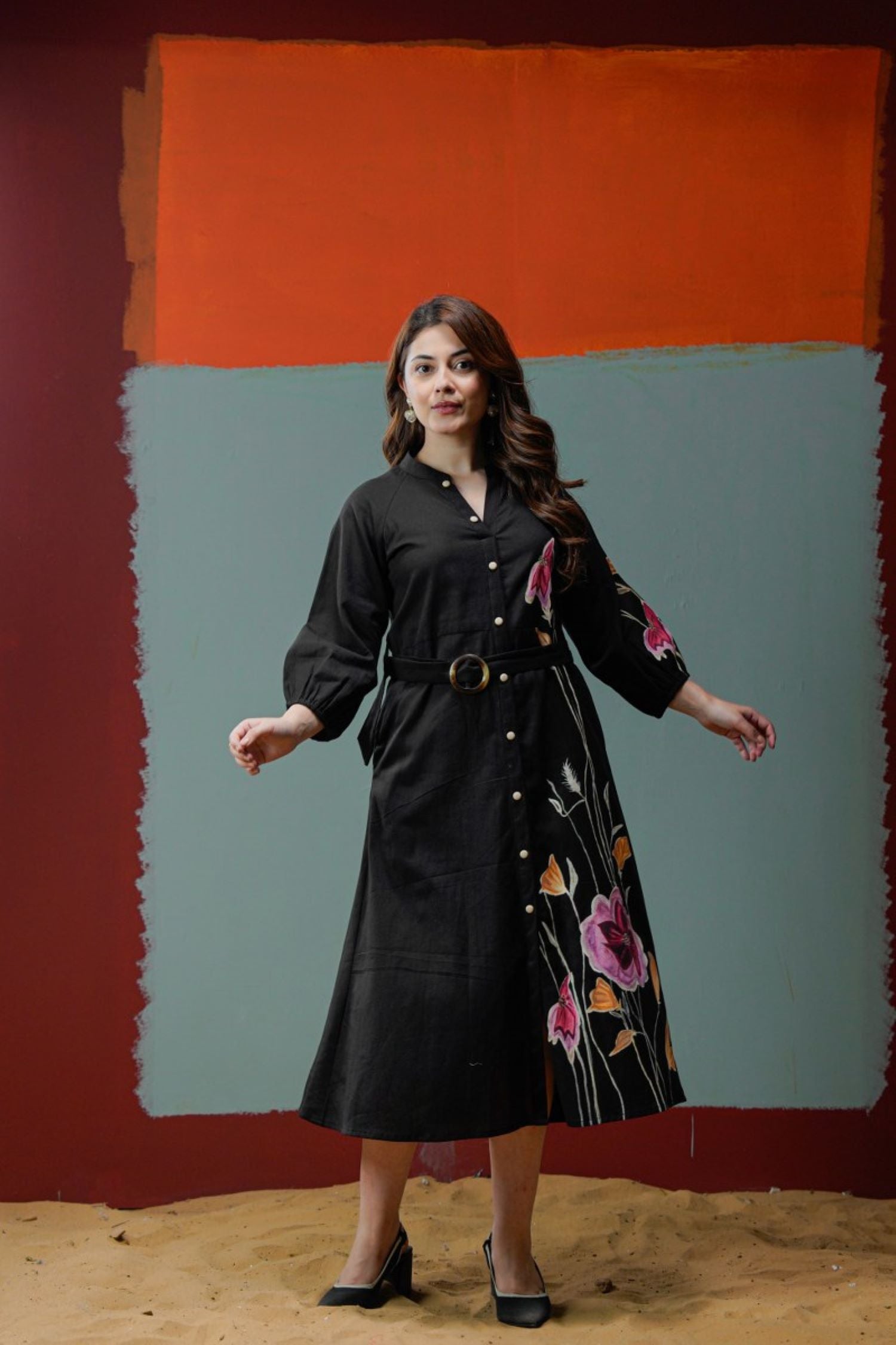 Black One-Side Floral Work Dress