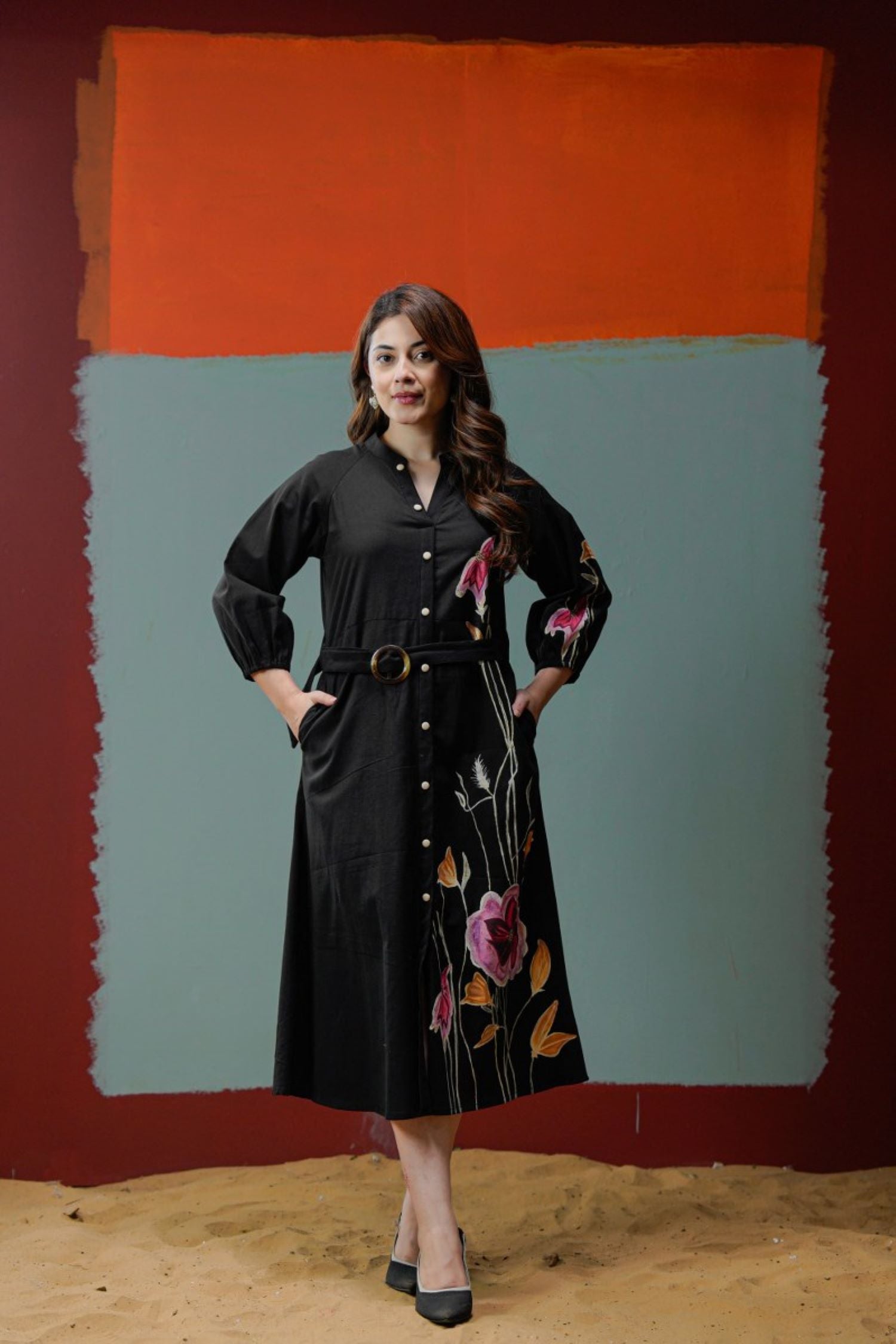 Black One-Side Floral Work Dress