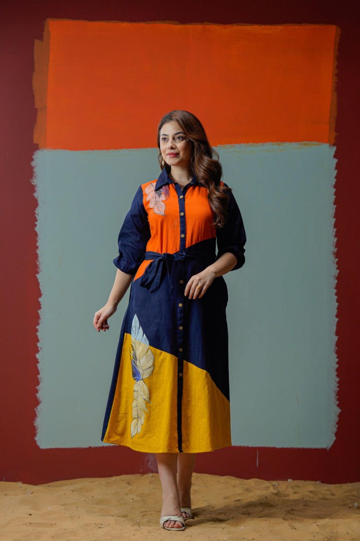 Navy Blue Multi-Shade Cotton Long Dress