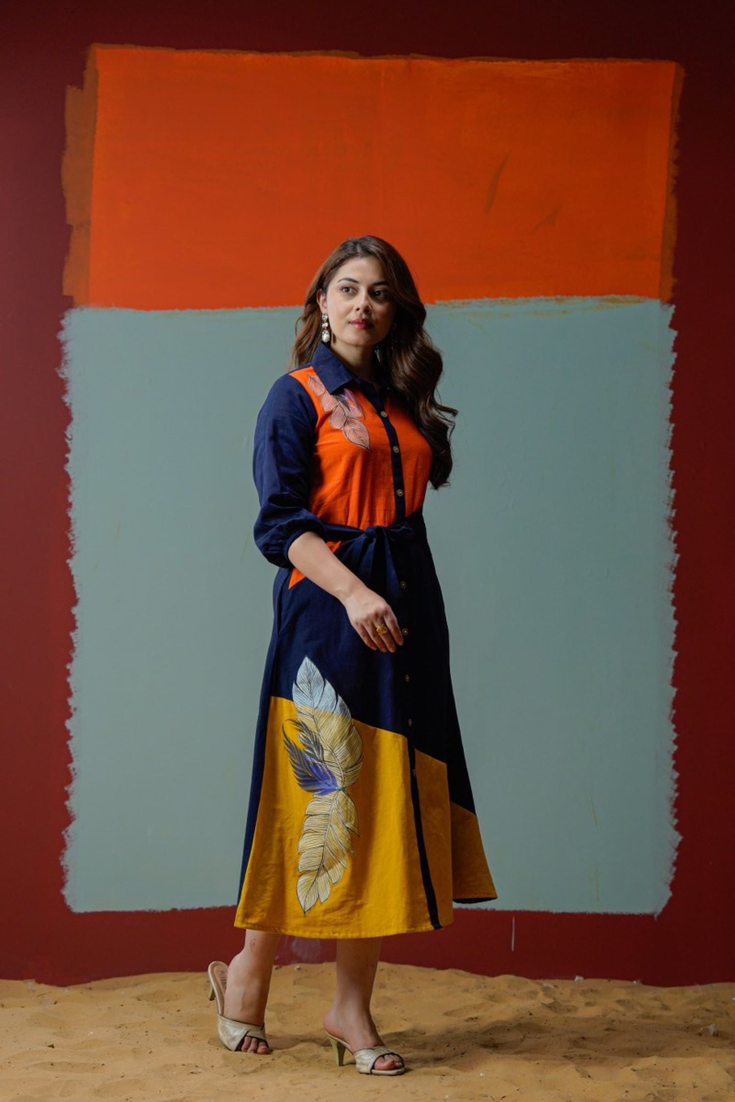 Navy Blue Multi-Shade Cotton Long Dress