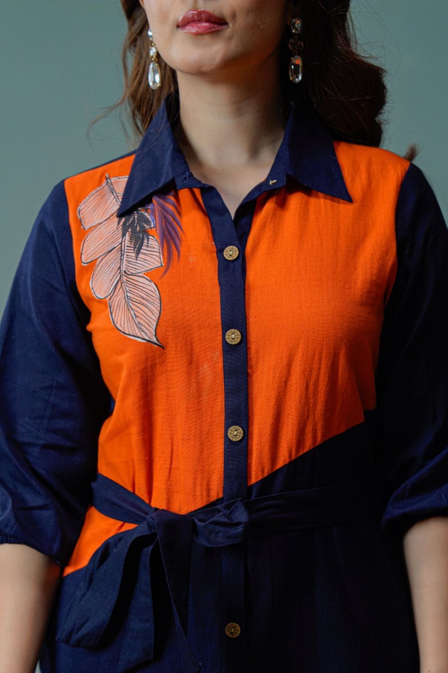 Navy Blue Multi-Shade Cotton Long Dress