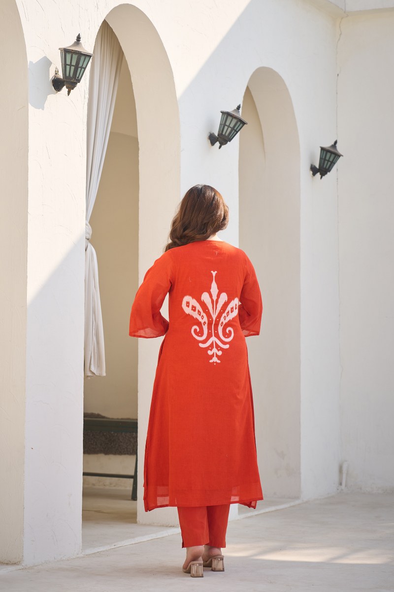 Orange Printed Neck Straight Cut Cotton Co-ord Set