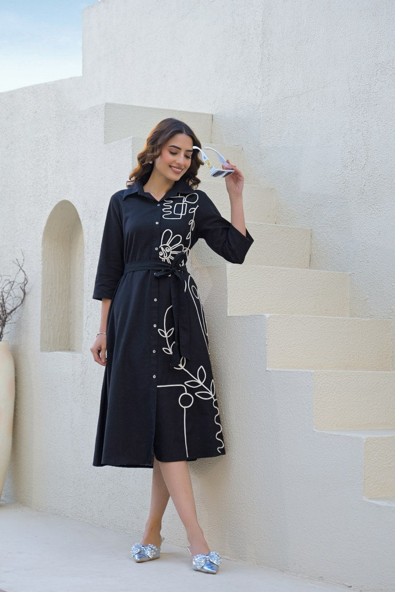 Black Cotton Embroidered Dress with Belt