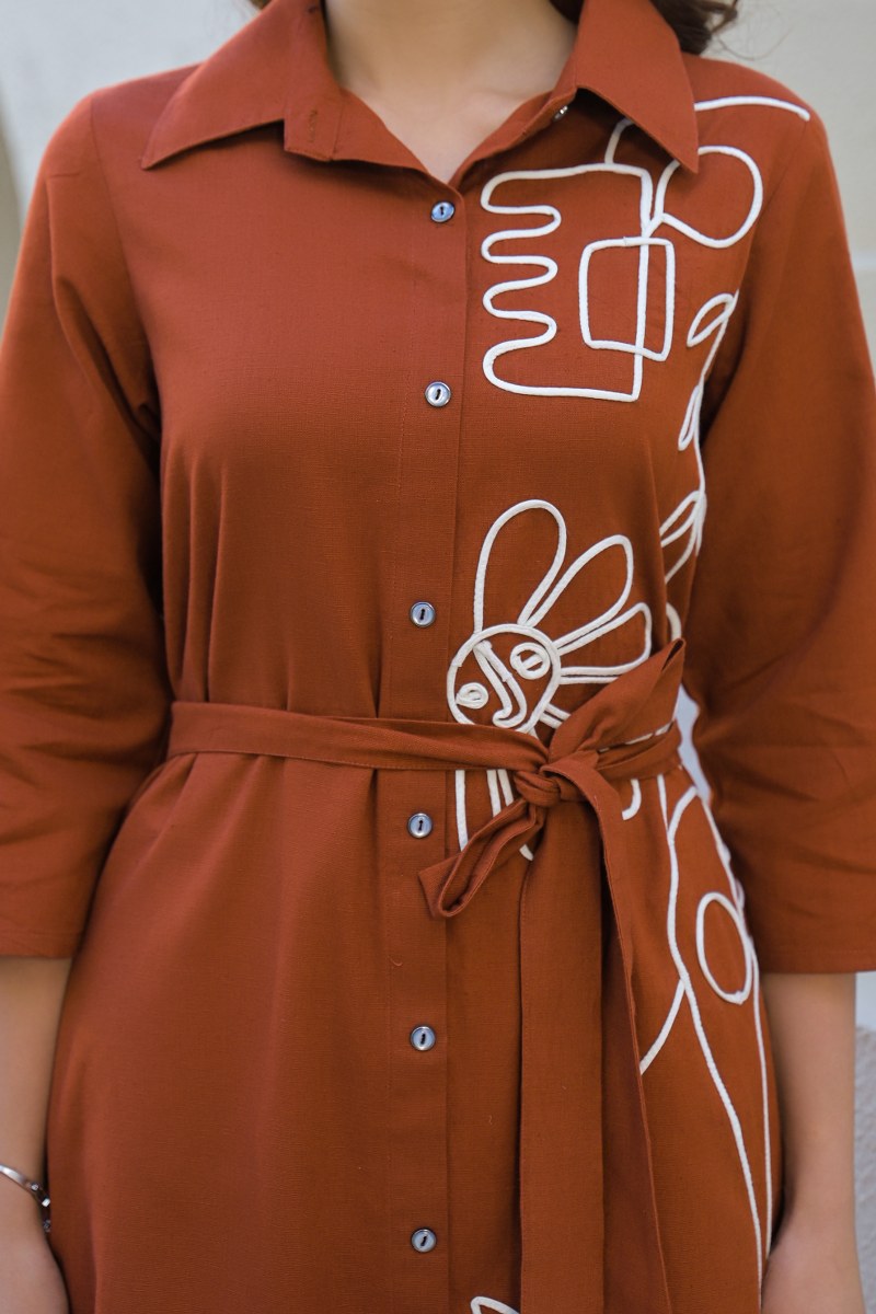 Brown Embroidered Dress with Belt
