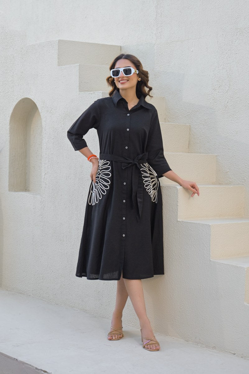 Black Cotton Floral Belted Dress