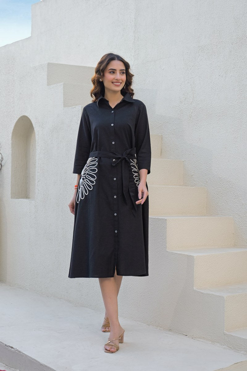 Black Cotton Floral Belted Dress