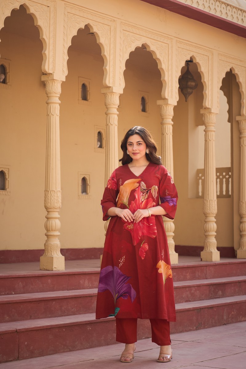 Rust Cotton Co-ord Set with Floral Print