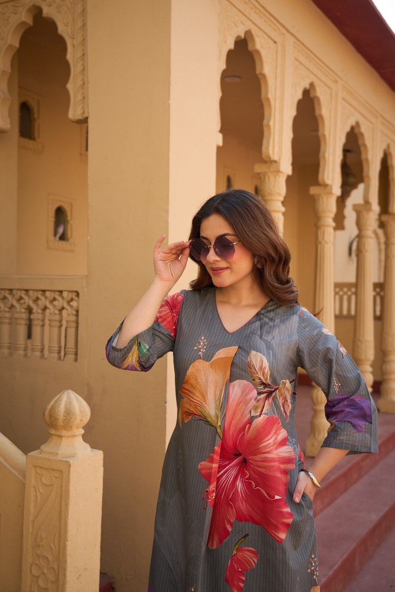 Grey Floral Print Cotton Co-ord Set