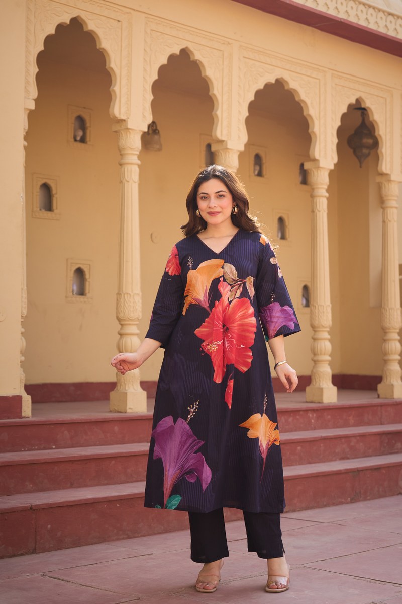 Navy Blue Floral Printed Co-ord Set in Cotton Fabric