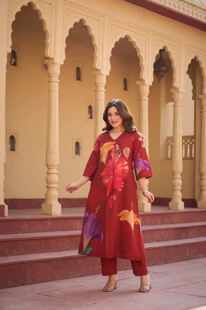 Rust Cotton Co-ord Set with Floral Print