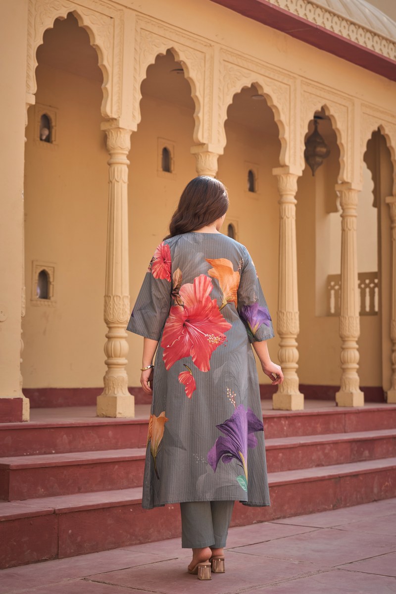 Grey Floral Print Cotton Co-ord Set