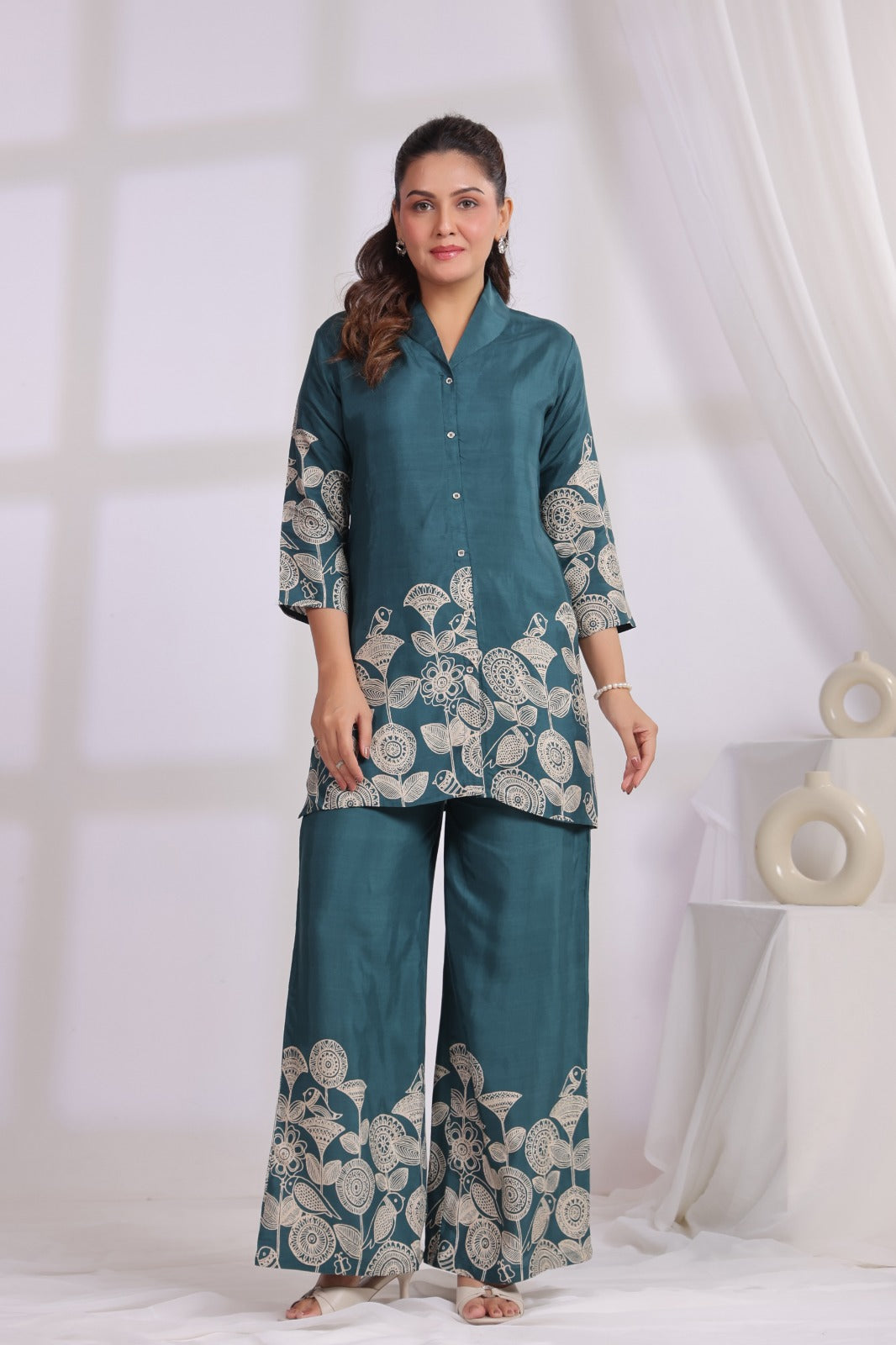 Green Co-ord Set with Floral Line Print