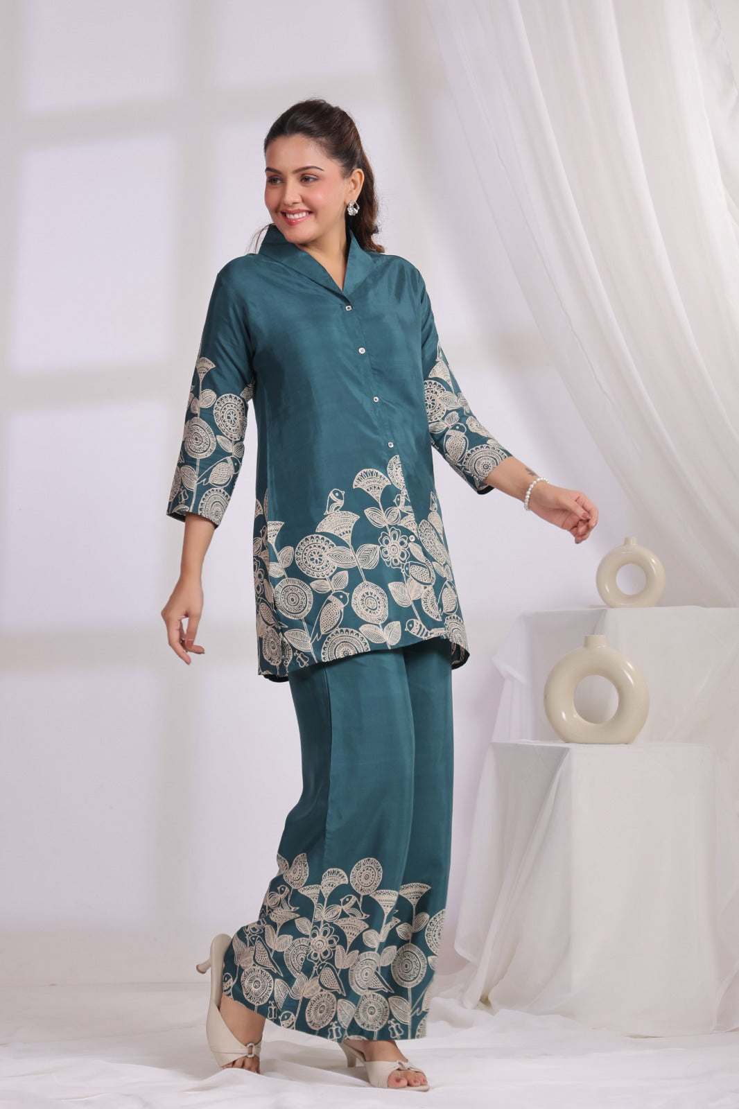 Green Co-ord Set with Floral Line Print