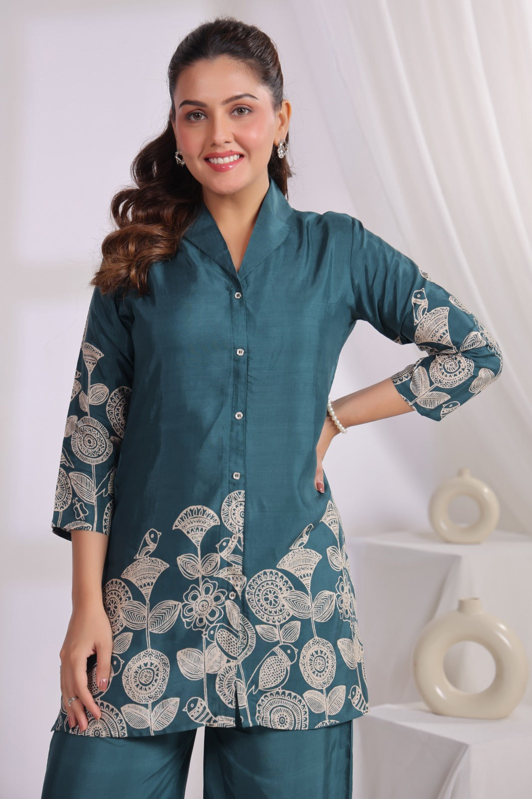 Green Co-ord Set with Floral Line Print